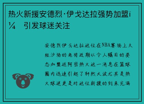 热火新援安德烈·伊戈达拉强势加盟，引发球迷关注